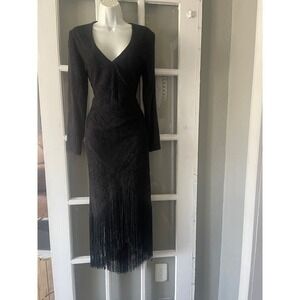 Joy Stevens Vintage Fringe Hem V-Neck Long Sleeve Midi Dress